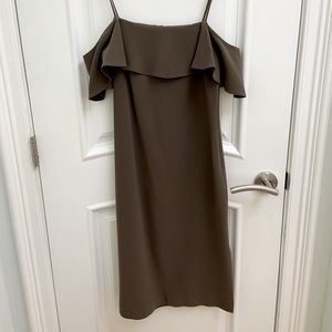 Theory off the shoulder olive green midi dress size 4